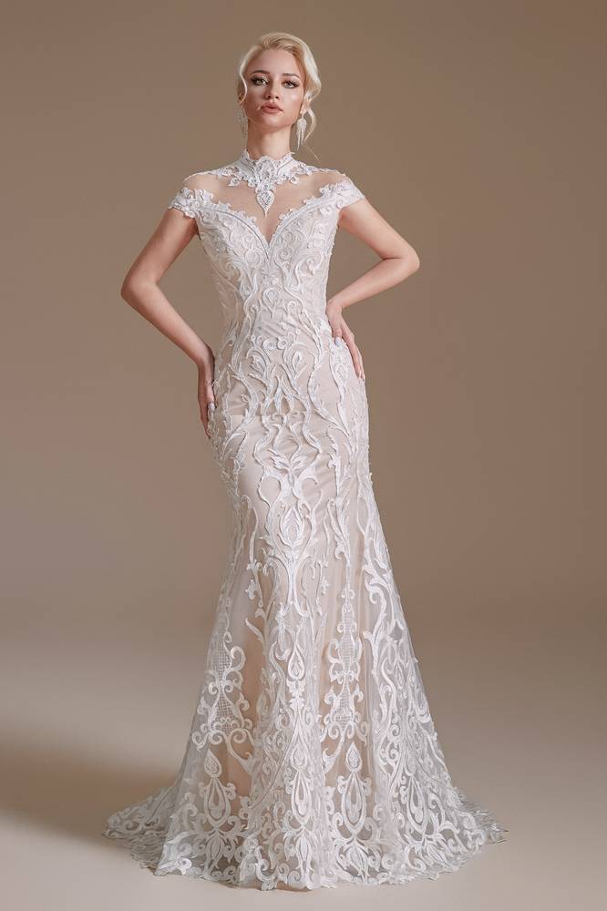 Capped High Neck Mermaid Lace Wedding Dresses with Sweep Train