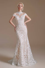 Capped High Neck Mermaid Lace Wedding Dresses with Sweep Train