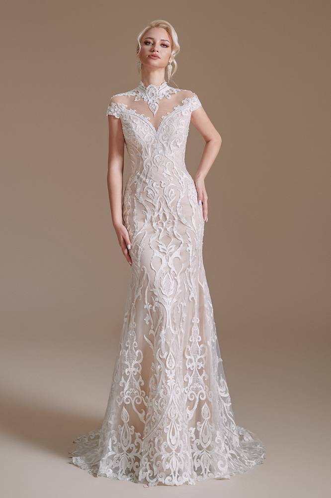 Capped High Neck Mermaid Lace Wedding Dresses with Sweep Train
