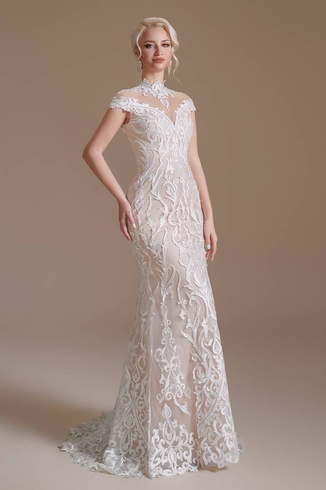 Capped High Neck Mermaid Lace Wedding Dresses with Sweep Train