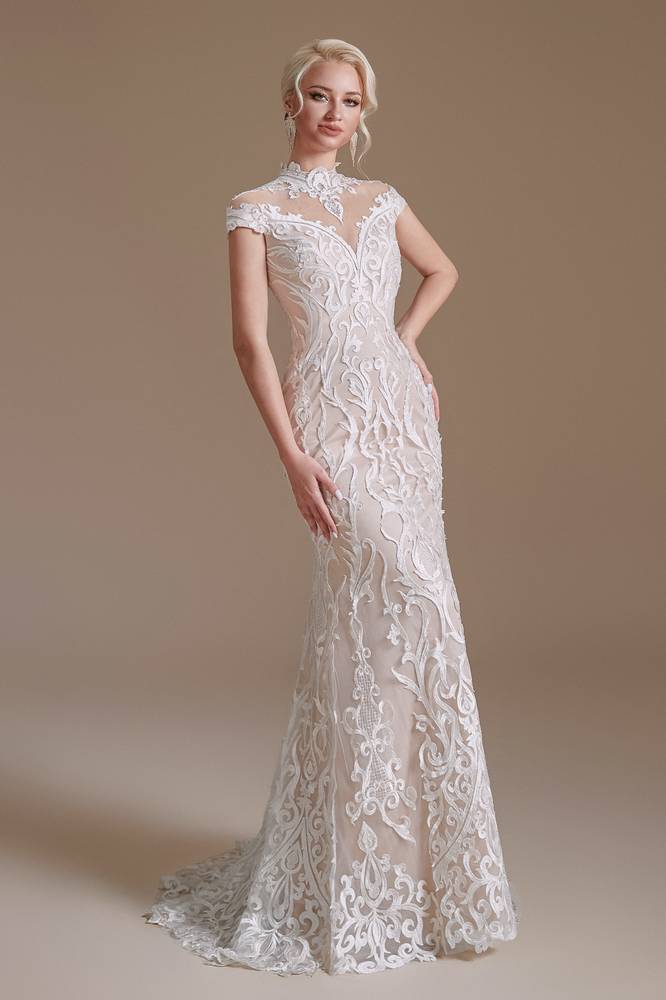 Capped High Neck Mermaid Lace Wedding Dresses with Sweep Train