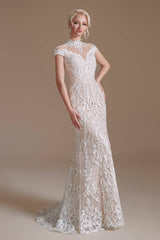 Capped High Neck Mermaid Lace Wedding Dresses with Sweep Train