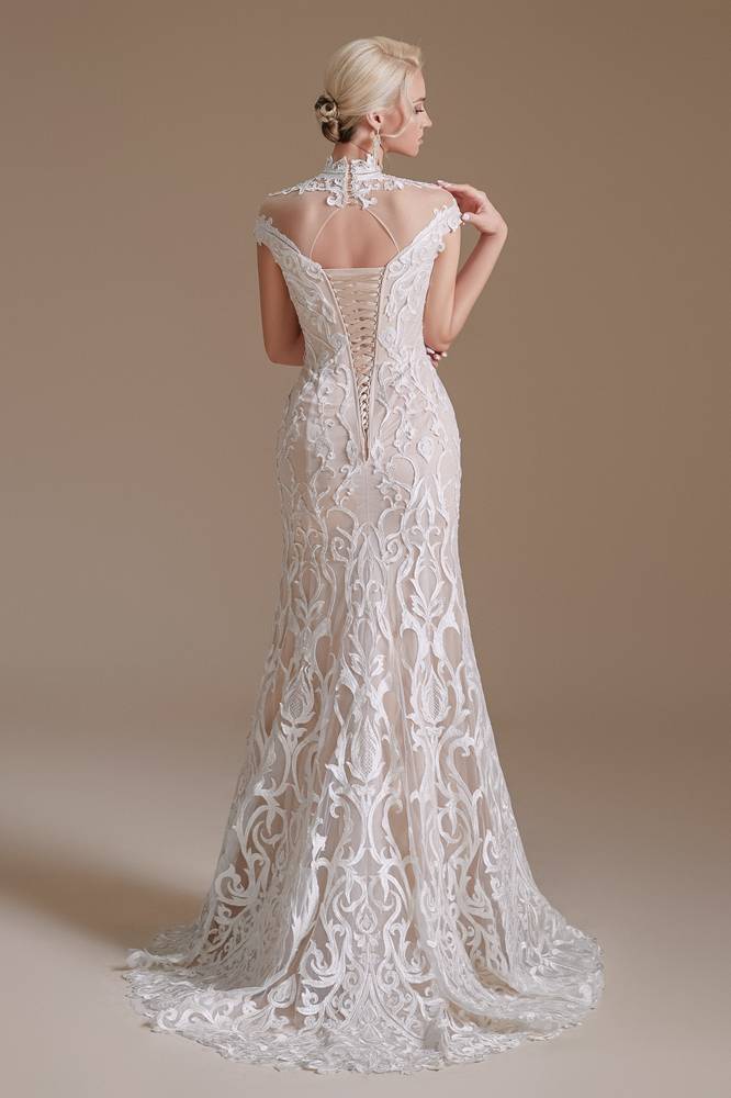 Capped High Neck Mermaid Lace Wedding Dresses with Sweep Train