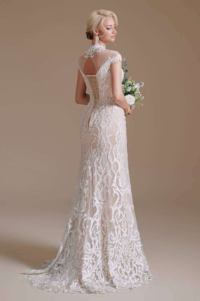 Capped High Neck Mermaid Lace Wedding Dresses with Sweep Train