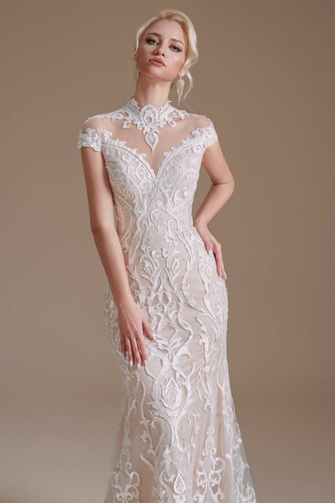Capped High Neck Mermaid Lace Wedding Dresses with Sweep Train
