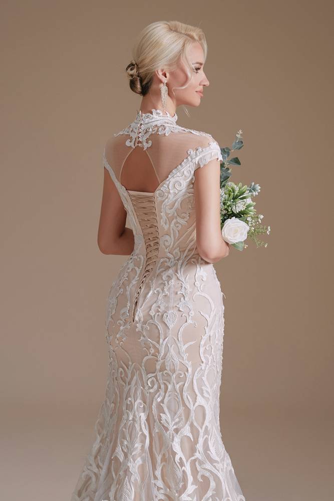 Capped High Neck Mermaid Lace Wedding Dresses with Sweep Train