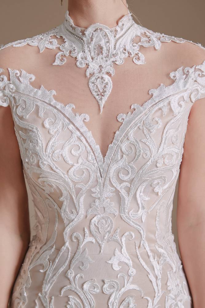 Capped High Neck Mermaid Lace Wedding Dresses with Sweep Train