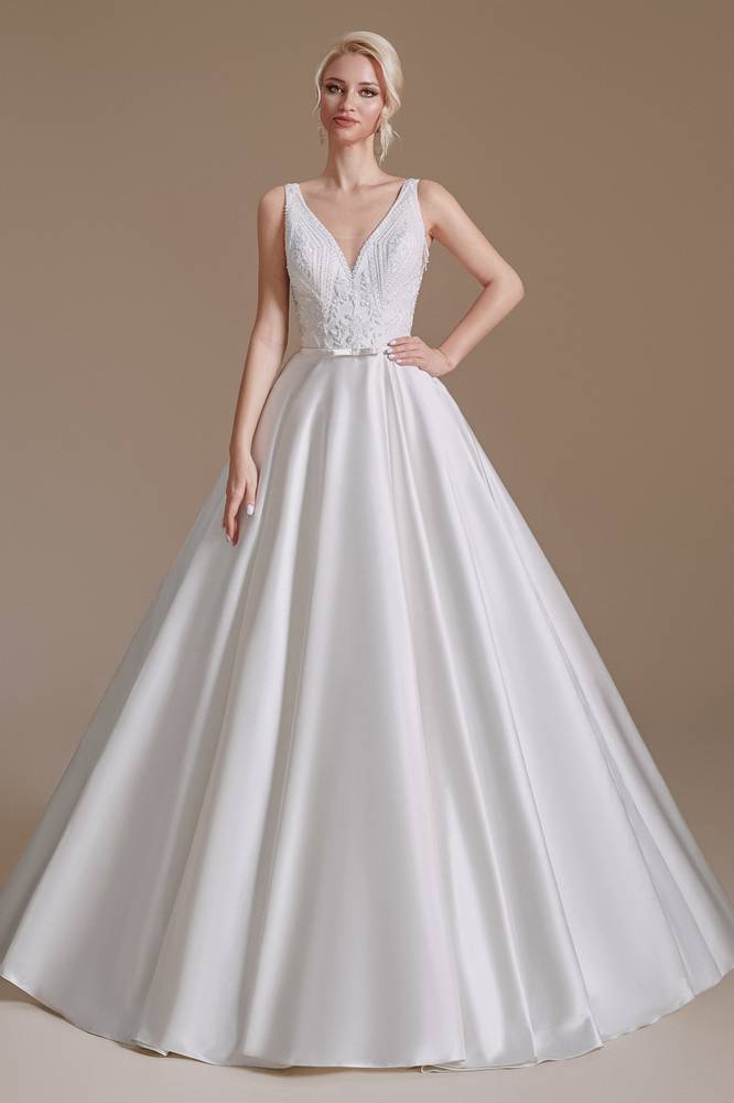 White V-Neck Sleeveless Floor-Length Satin Wedding Dresses with Sash