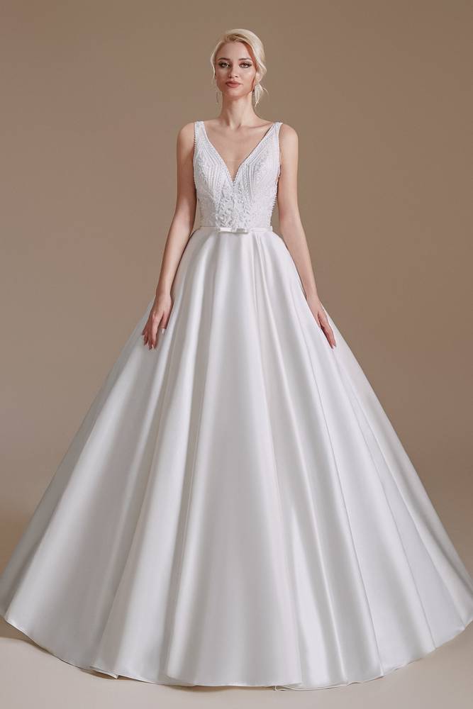 White V-Neck Sleeveless Floor-Length Satin Wedding Dresses with Sash