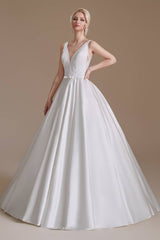 White V-Neck Sleeveless Floor-Length Satin Wedding Dresses with Sash