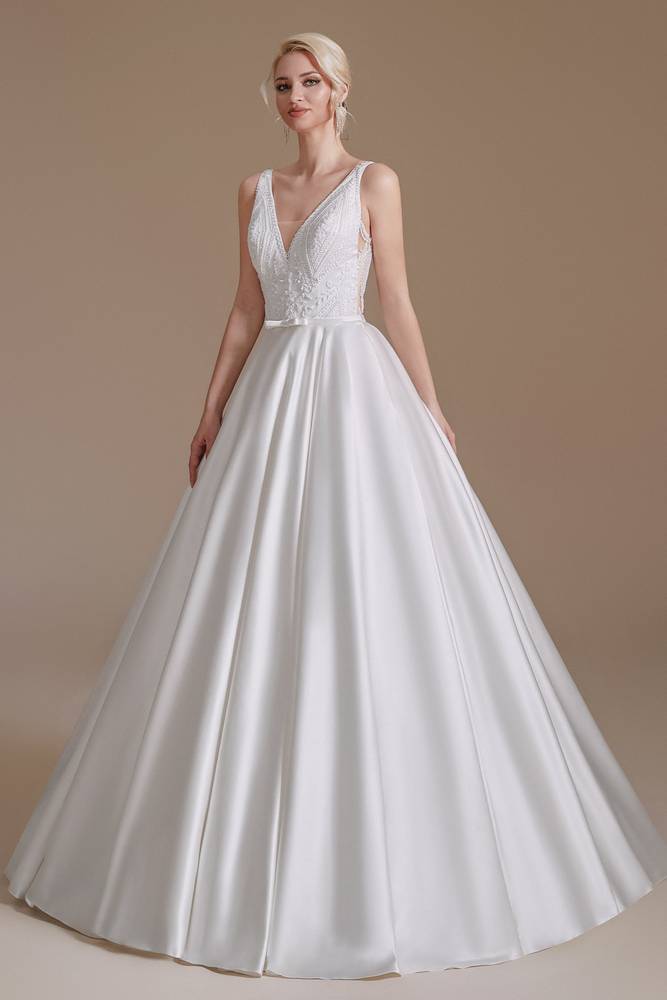 White V-Neck Sleeveless Floor-Length Satin Wedding Dresses with Sash
