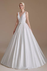 White V-Neck Sleeveless Floor-Length Satin Wedding Dresses with Sash