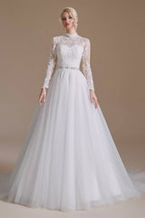 White High Neck Long Sleeves A-Line Tulle Wedding Dresses with Beads