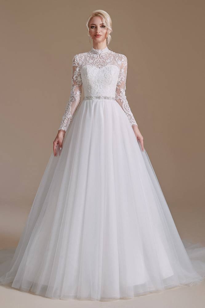 White High Neck Long Sleeves A-Line Tulle Wedding Dresses with Beads