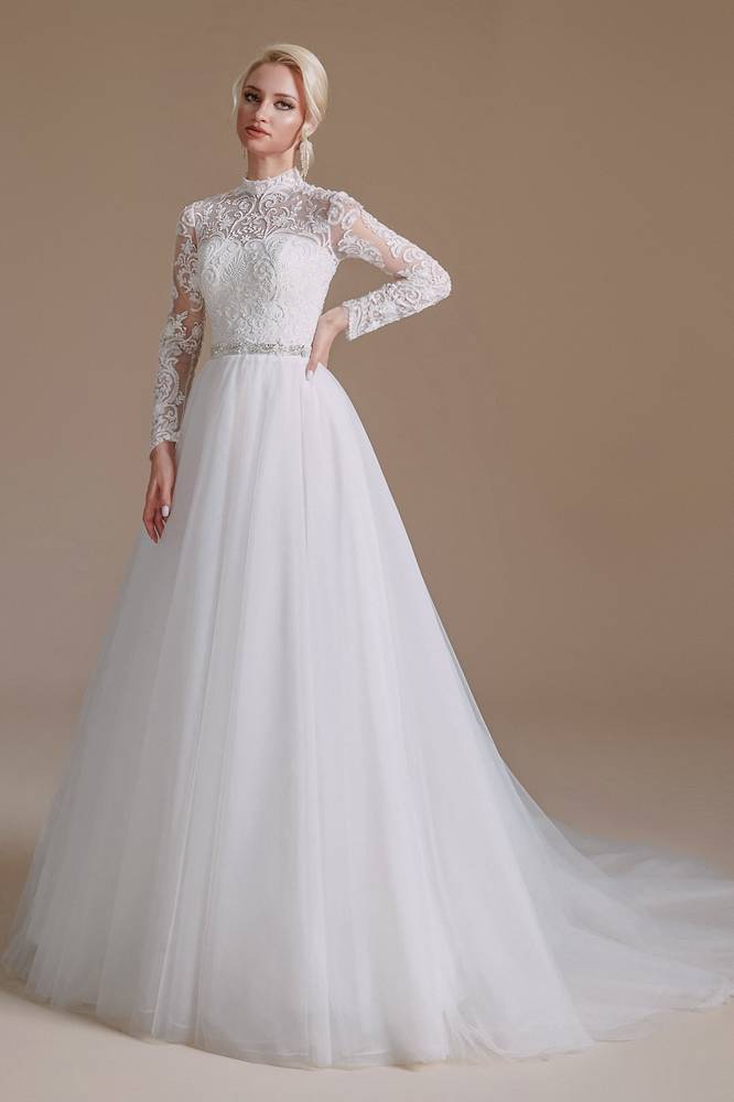 White High Neck Long Sleeves A-Line Tulle Wedding Dresses with Beads