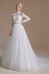 White High Neck Long Sleeves A-Line Tulle Wedding Dresses with Beads