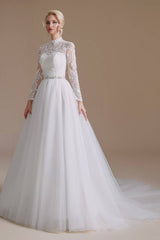 White High Neck Long Sleeves A-Line Tulle Wedding Dresses with Beads