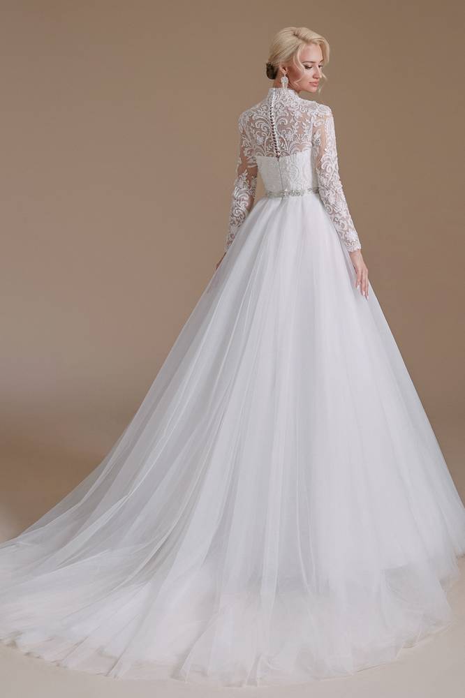 White High Neck Long Sleeves A-Line Tulle Wedding Dresses with Beads