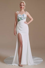 White Stretch Satin Mermaid Wedding Dresses with Slit