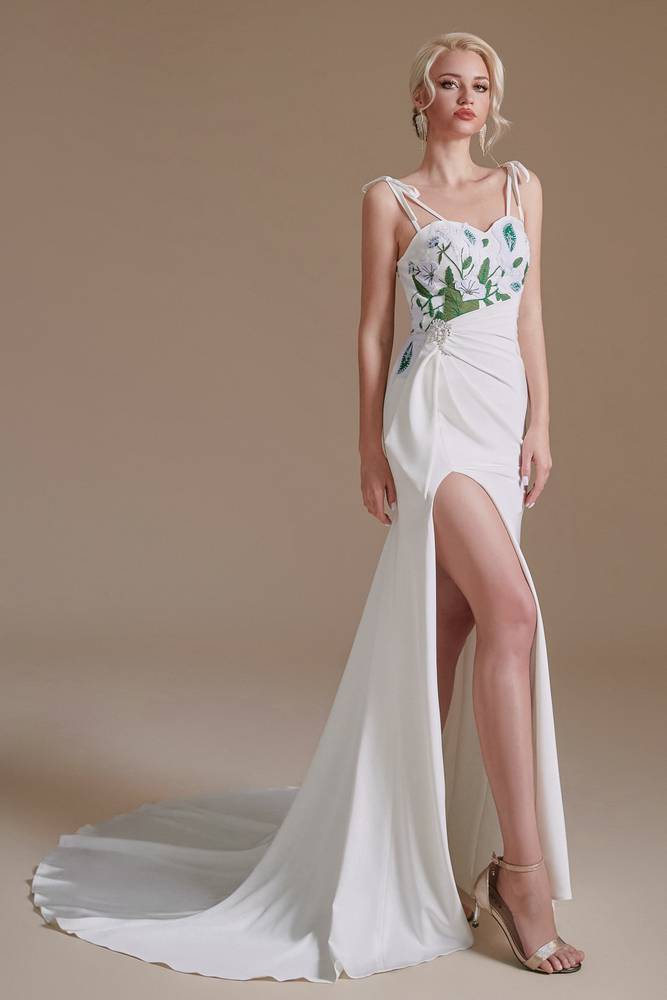 White Stretch Satin Mermaid Wedding Dresses with Slit