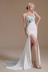 White Stretch Satin Mermaid Wedding Dresses with Slit