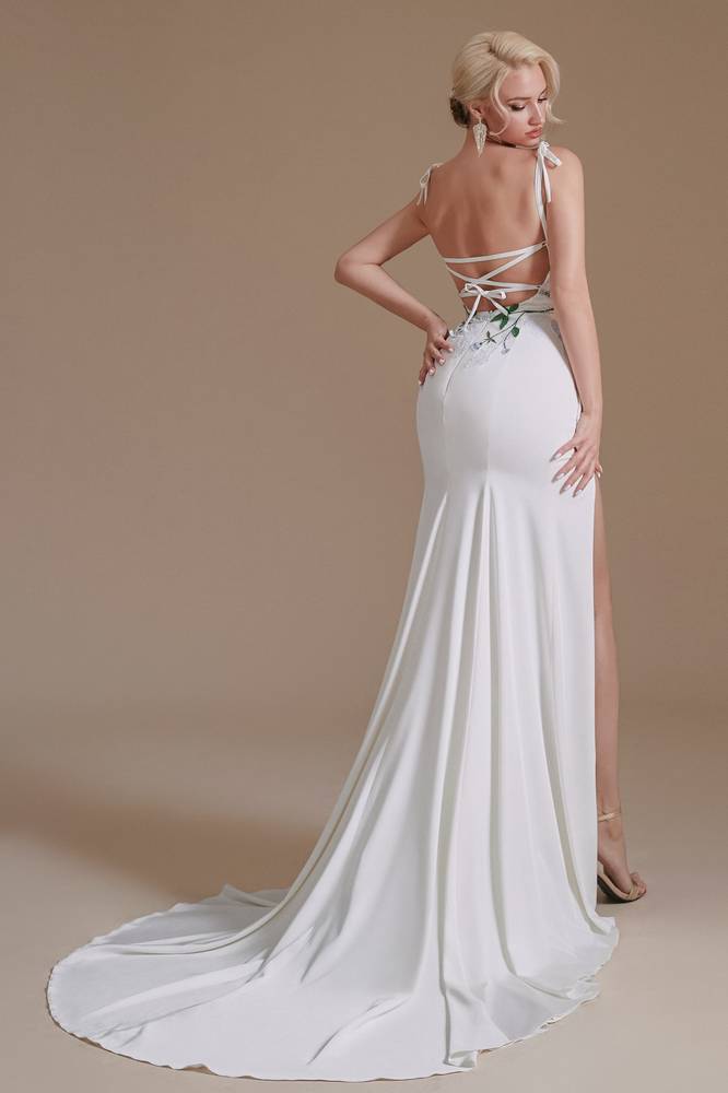 White Stretch Satin Mermaid Wedding Dresses with Slit