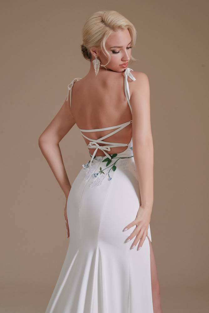 White Stretch Satin Mermaid Wedding Dresses with Slit