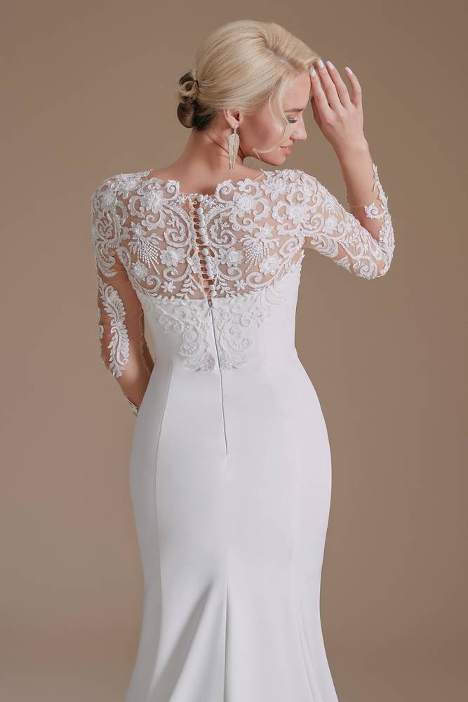 White Mermaid Jewel Neck Long Sleeves Satin Lace Wedding Dresses