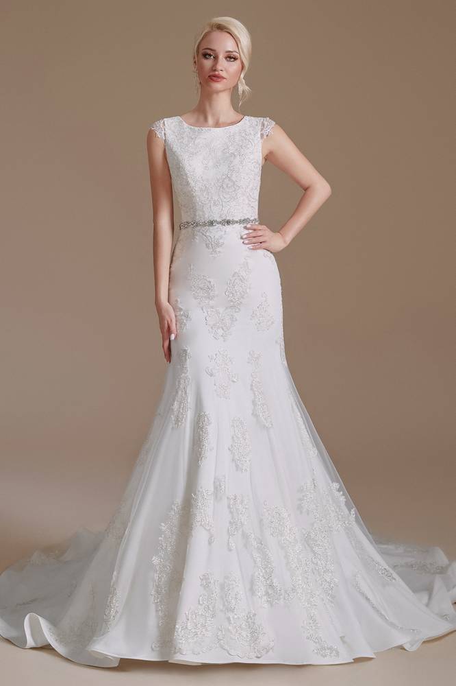 White Jewel Neck Sleeveless Mermaid Wedding Dresses with Court Train