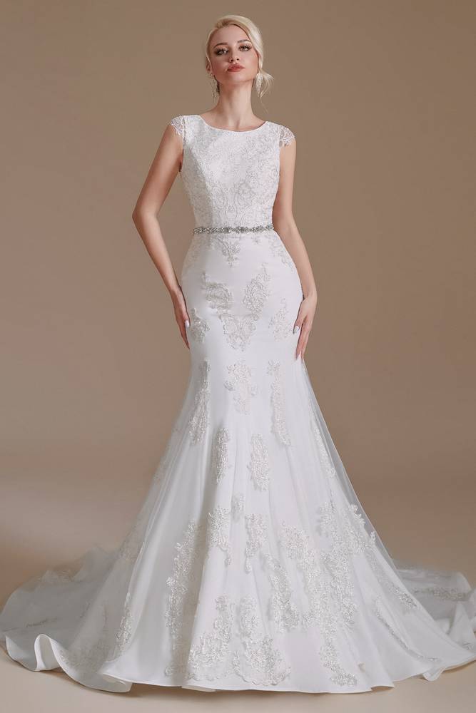 White Jewel Neck Sleeveless Mermaid Wedding Dresses with Court Train