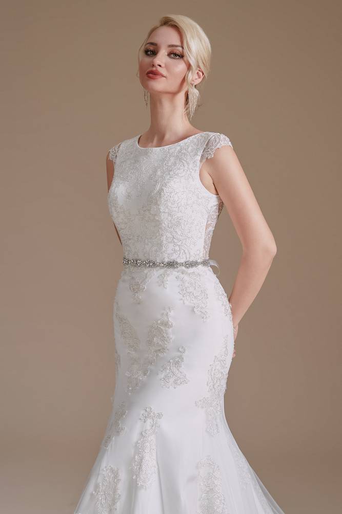 White Jewel Neck Sleeveless Mermaid Wedding Dresses with Court Train