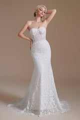 White Sweetheart Strapless Mermaid Lace Wedding Dresses with Detachable Sleeves