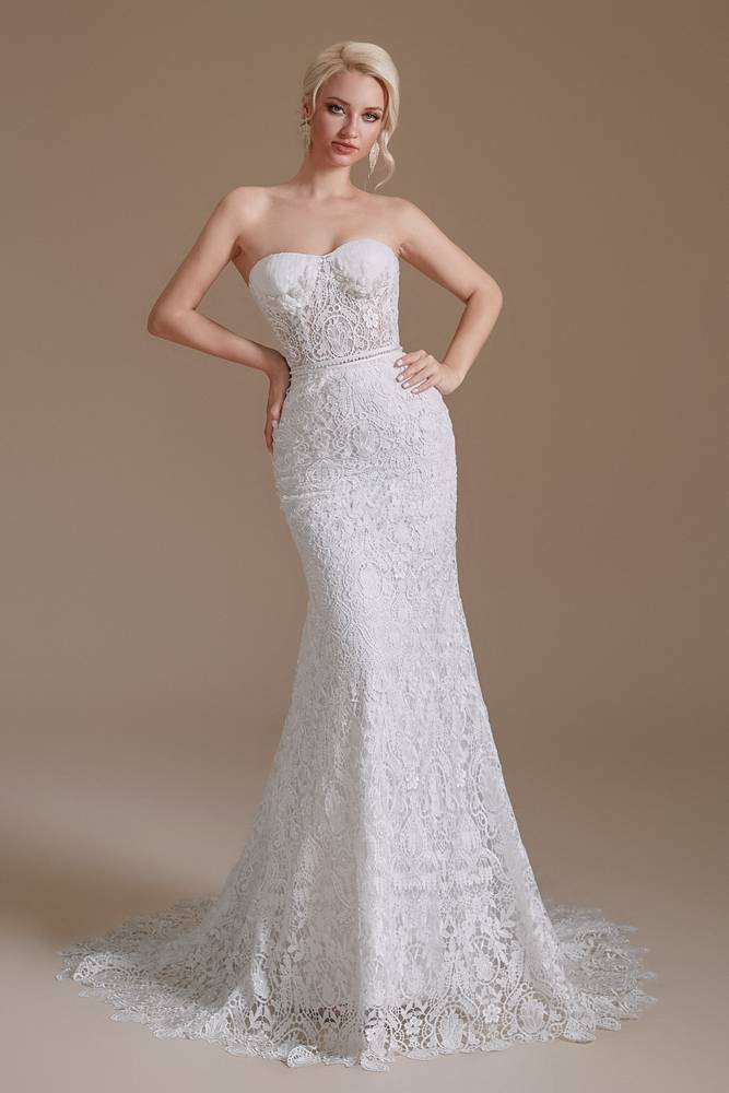 White Sweetheart Strapless Mermaid Lace Wedding Dresses with Detachable Sleeves