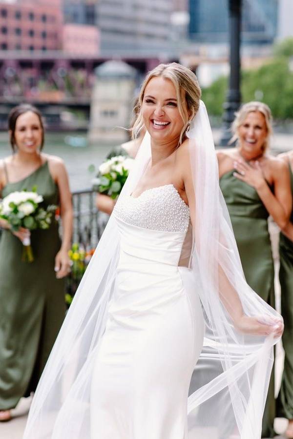 White Luxurious Beads Strapless Mermaid Satin Wedding Dresses