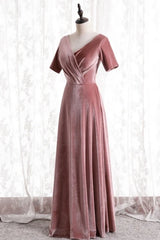 Dusty Rose V-Neck Short Sleeves A-Line Velvet Bridesmaid Dresses