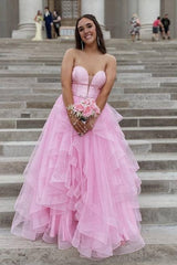 Pink Strapless V-Neck A-Line Tulle Party Dresses with Ruffles