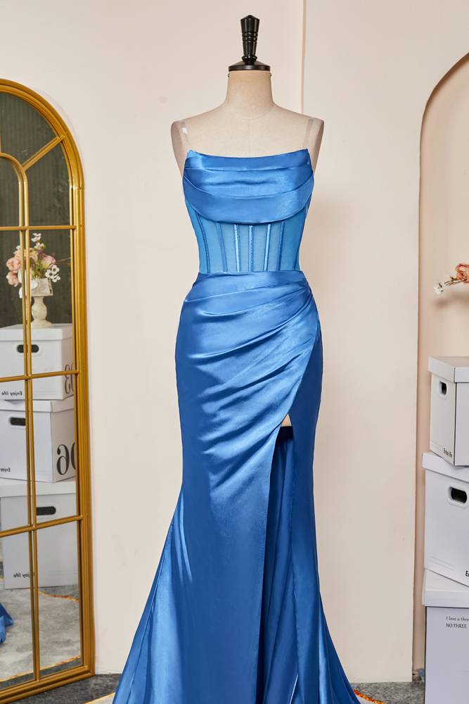 Blue Strapless Mermaid Satin Prom Dresses with Slit