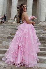 Pink Strapless V-Neck A-Line Tulle Party Dresses with Ruffles