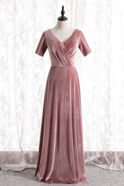 Dusty Rose V-Neck Short Sleeves A-Line Velvet Bridesmaid Dresses