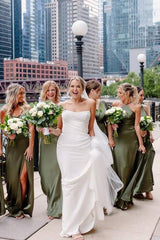 White Luxurious Beads Strapless Mermaid Satin Wedding Dresses
