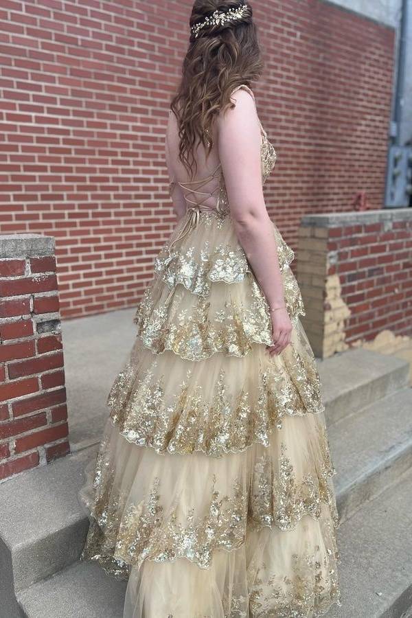Gold Tiered A-Line Tulle Sequin Prom Party Dresses