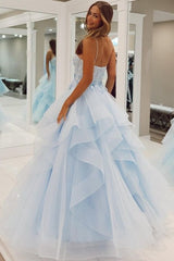 Light Blue Spaghetti Straps A-Line Tulle Prom Party Dresses with Ruffles