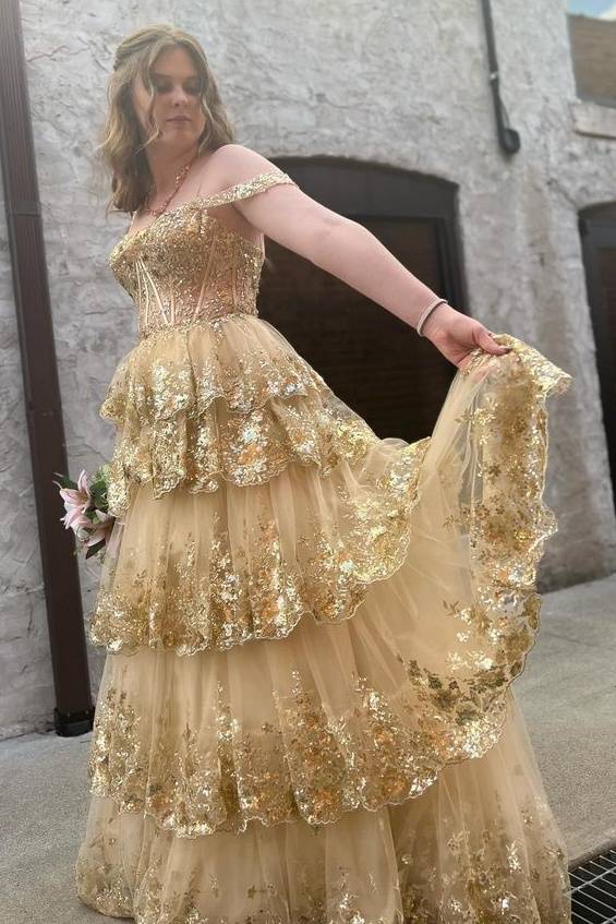 Gold Tiered A-Line Tulle Sequin Prom Party Dresses