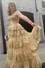 Gold Tiered A-Line Tulle Sequin Prom Party Dresses