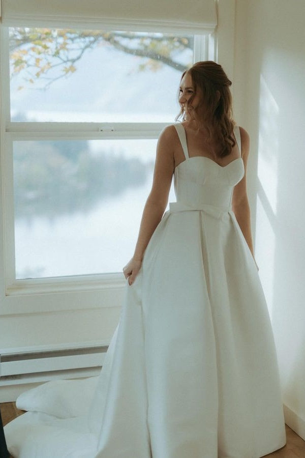 Sweetheart Sleeveless Long A-Line Satin Wedding Dresses