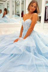 Light Blue Spaghetti Straps A-Line Tulle Prom Party Dresses with Ruffles
