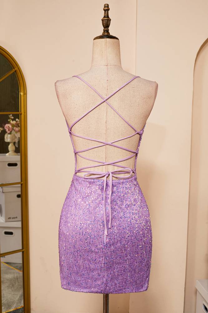 Purple Sheath Sequined Spaghetti Straps Homecoming Dresses
