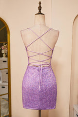 Purple Sheath Sequined Spaghetti Straps Homecoming Dresses