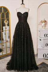 Black Sweetheart Strapless A-Line Tulle Prom Dresses with Appliques