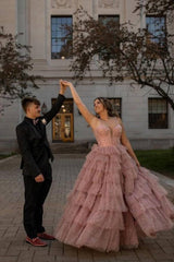 Dusty Rose V-Neck Ball Gown Tulle Prom Dresses with Slit